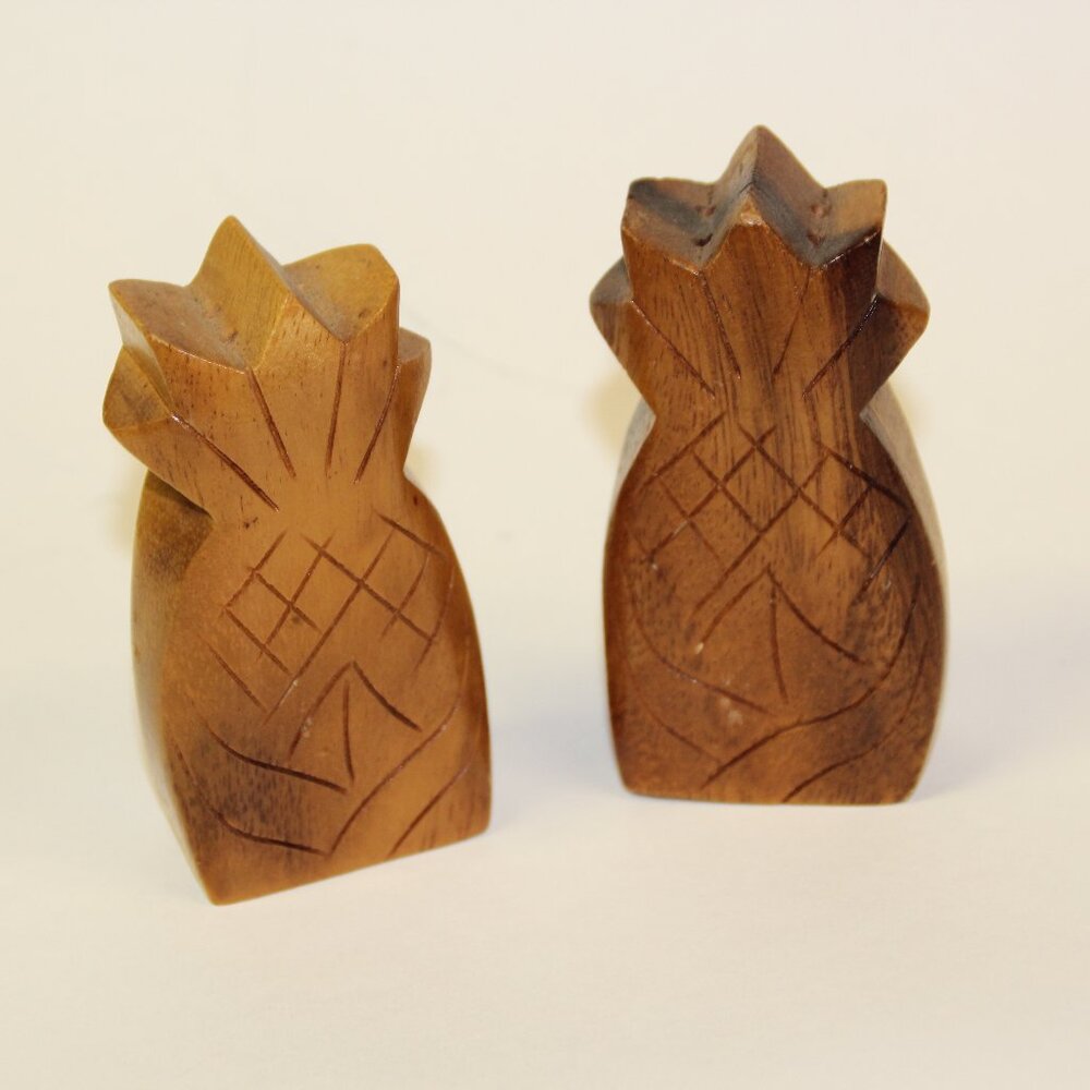 Vintage Wooden Pineapple Salt and Pepper Shakers Hawaii Monkey Rod Wood Carved